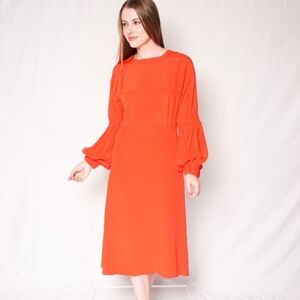 Tibi Orange Silk Balloon Sleeve Midi Dress sz 4